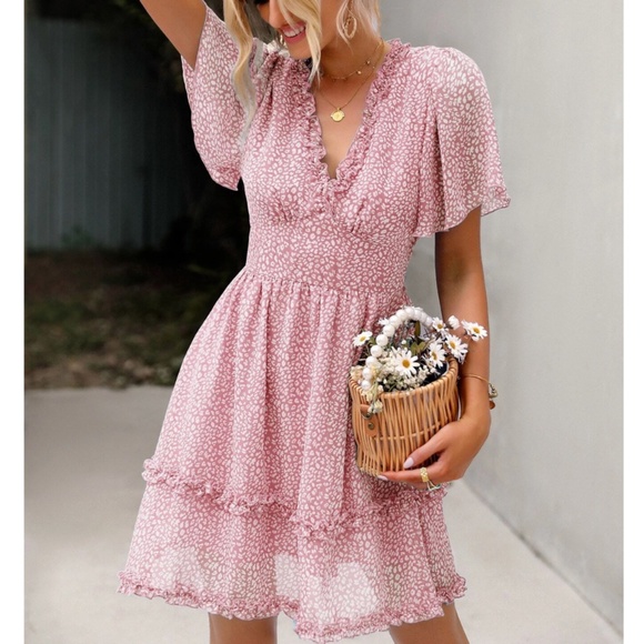 Rouge! Dresses & Skirts - Ditsy Floral Pink Dress Summer V-Neck Short Mini